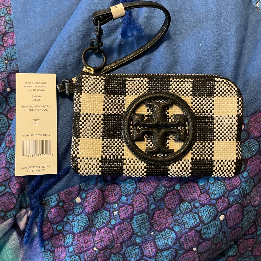 Tory Burch Perry Bombe Gingham Top Zip Card Case